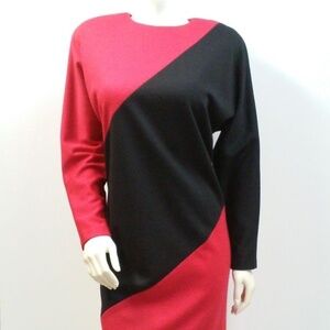 80s Color Block Dress Red Black Wool Oversized Career Dress Size L Made in USA